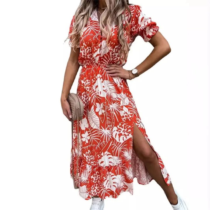 Freydis™ | Elegant Printet V-hals Kjole