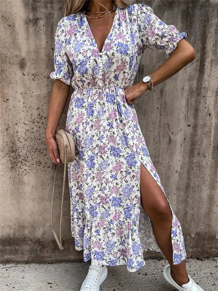 Freydis™ | Elegant Printet V-hals Kjole